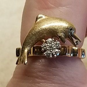 VINTAGE ESTATE NORMAN TEUFEL DOLPHIN DIAMOND 14K GOLD SPINNER SPIN MOTION RING